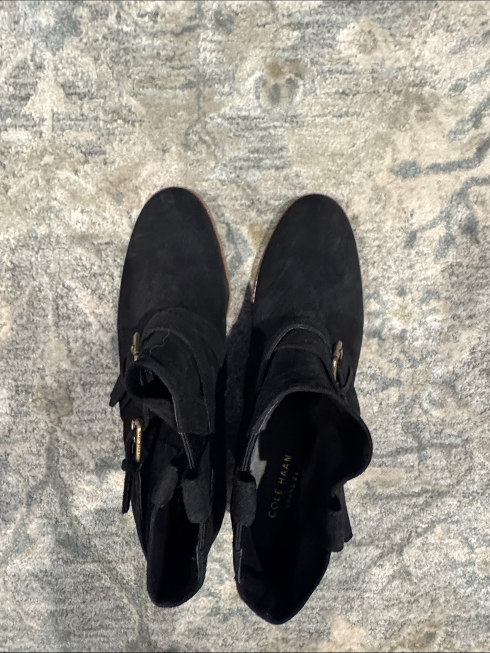 Cole Haan Black Suede Ankle Booties with Buckle Straps - Picture 5 of 7
